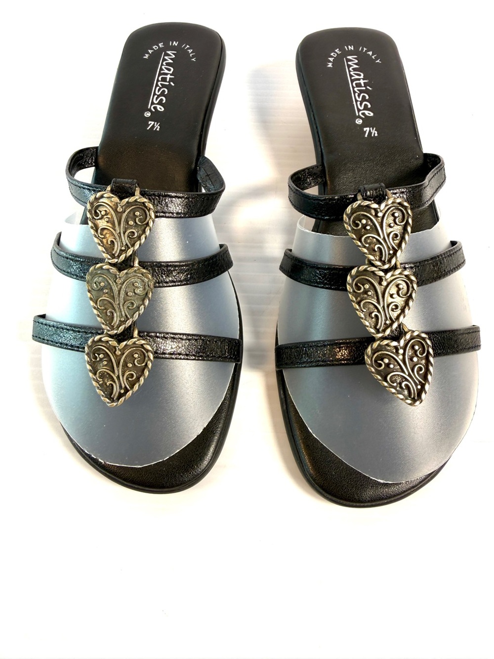 Matisse Black Triple-Heart Strappy Slide Sandals